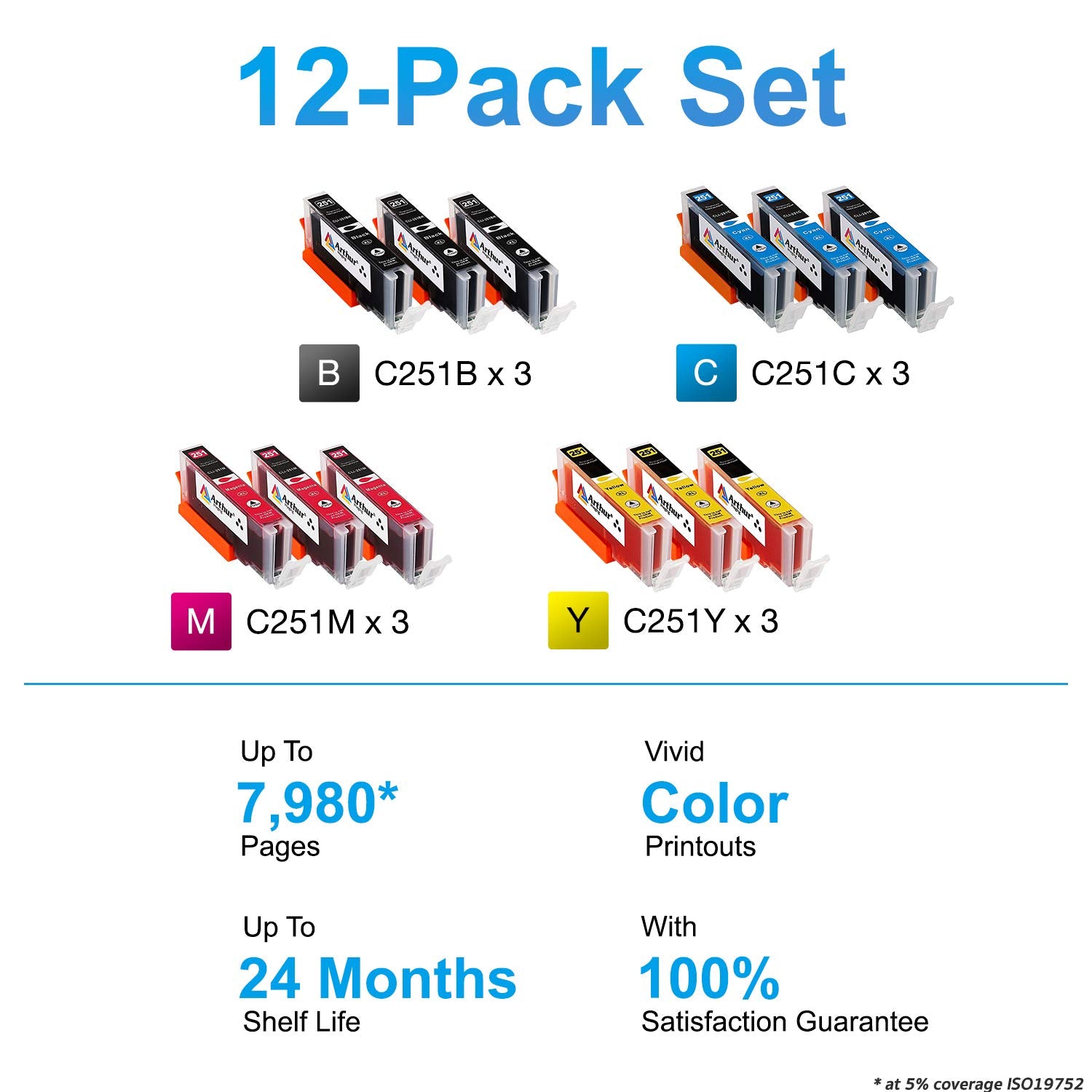 Arthur Imaging Compatible Ink Cartridge Replacement for 251XL (3 Black, 3 Cyan, 3 Yellow, 3 Magenta, 12-Pack)