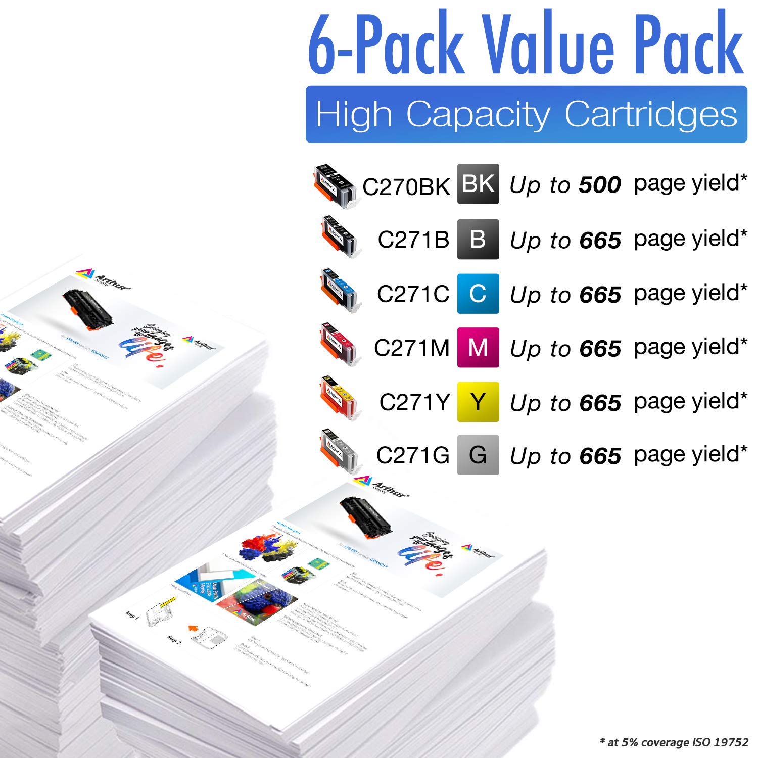Arthur Imaging Compatible Ink Cartridge Replacement for Canon PGI-270XL CLI-271XL (1 Large Black, 1 Small Black, 1 Cyan, 1 Yellow, 1 Magenta, 1 Gray, 6-Pack)