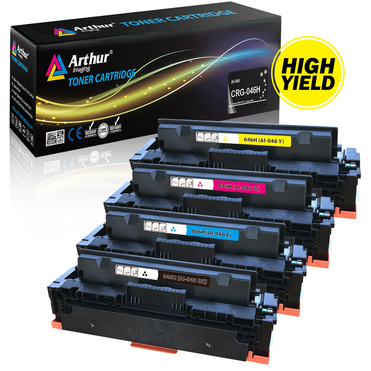 Arthur Imaging Compatible replacement for Canon 046H CRG 046 High Yield Cartridge (1 Black,1 Cyan,1 Magenta, 1 Yellow, 4-Pack)