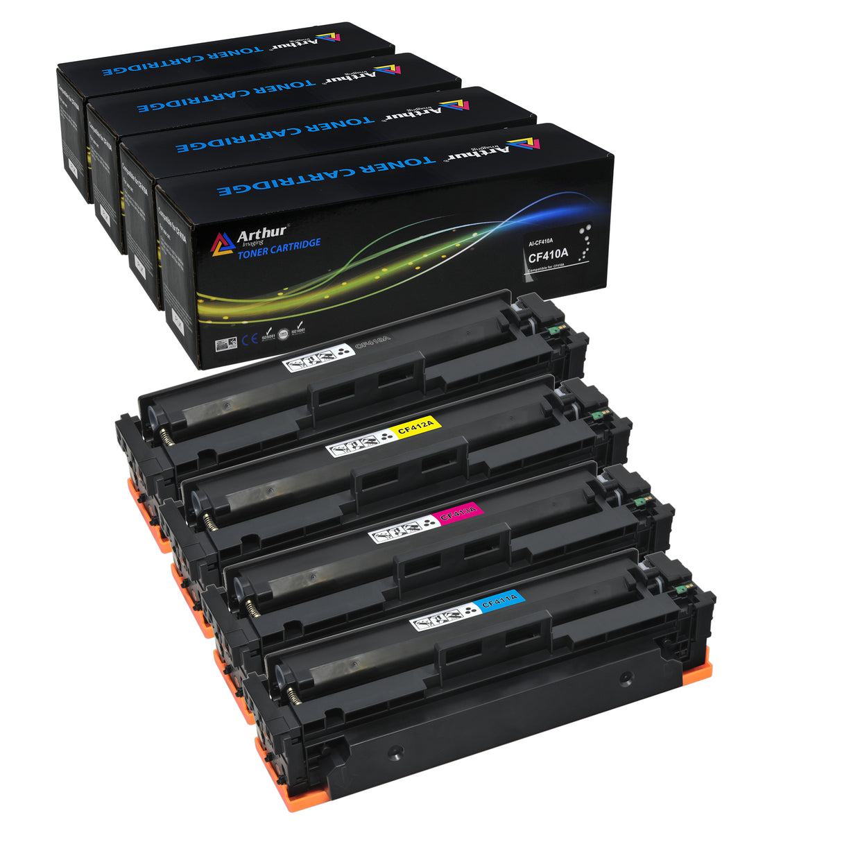 Arthur Imaging Compatible High Yield Toner Cartridge Replacement for HP 410A, CF410A, CF411A, CF412A, CF413A (Black, Cyan, Magenta, Yellow, 4-Pack)