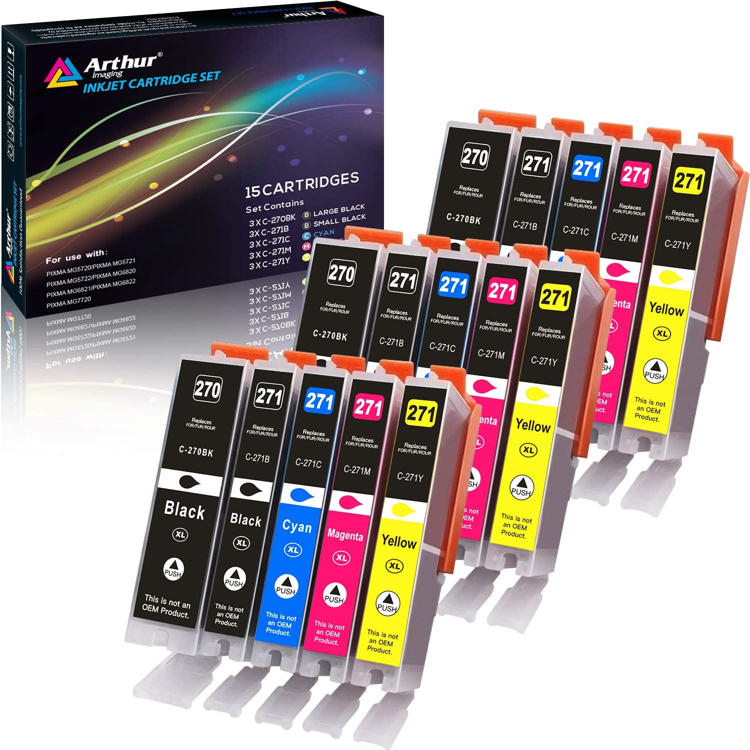 Arthur Imaging 15 Pack Compatible Ink Cartridge Replacement for 270XL 271XL (3 Large Black, 3 Small Black, 3 Cyan, 3 Yellow, 3 Magenta, 15-Pack)