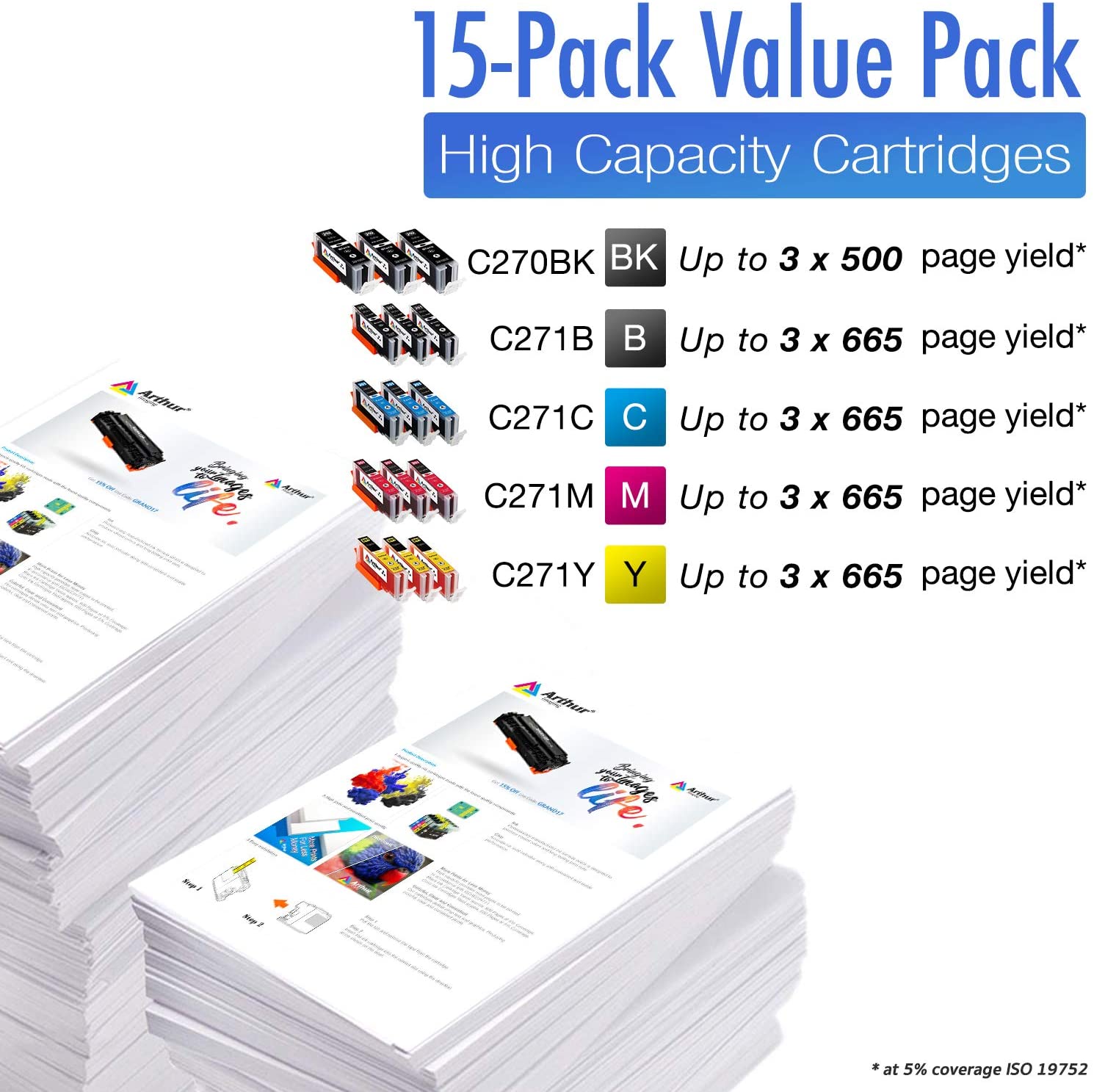 Arthur Imaging 15 Pack Compatible Ink Cartridge Replacement for 270XL 271XL (3 Large Black, 3 Small Black, 3 Cyan, 3 Yellow, 3 Magenta, 15-Pack)
