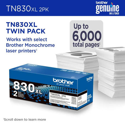 Brother Genuine TN830XL2PK High Yield Black Toner Twin Pack