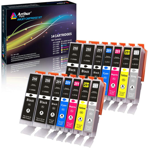 Arthur Imaging Compatible Ink Cartridge Replacement for Canon PGI-250XL CLI-251XL (4 Large Black, 2 Small Black, 2 Cyan, 2 Yellow, 2 Magenta, 2 Gray, 14-Pack)