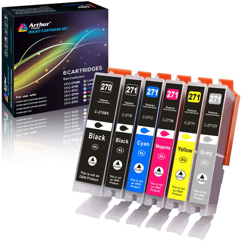 Arthur Imaging Compatible Ink Cartridge Replacement for Canon PGI-270XL CLI-271XL (1 Large Black, 1 Small Black, 1 Cyan, 1 Yellow, 1 Magenta, 1 Gray, 6-Pack)