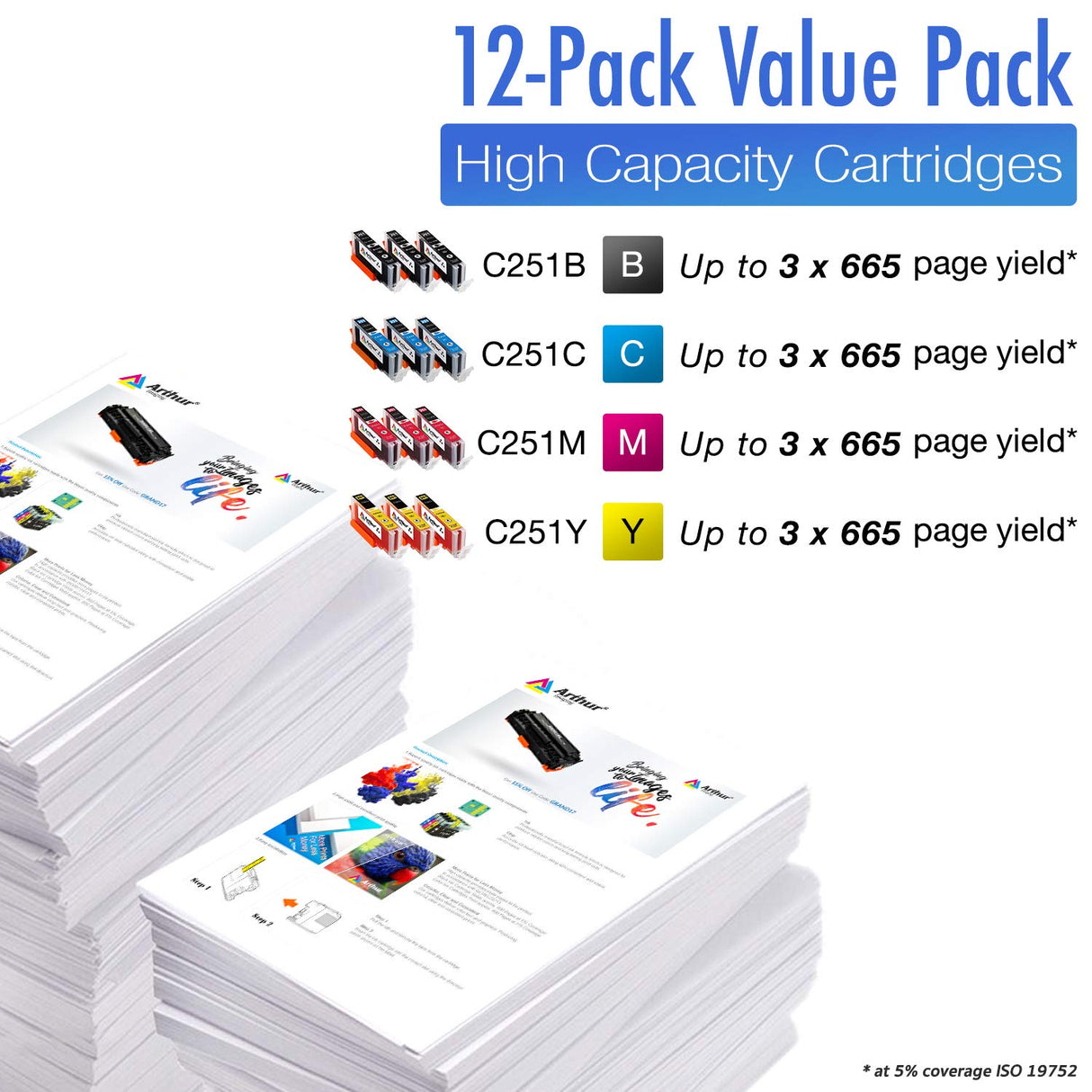Arthur Imaging Compatible Ink Cartridge Replacement for 251XL (3 Black, 3 Cyan, 3 Yellow, 3 Magenta, 12-Pack)