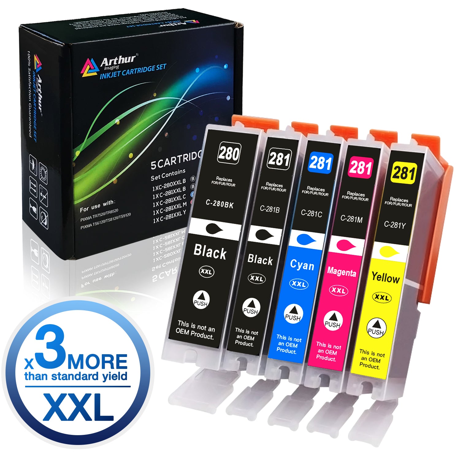 Arthur Imaging Compatible Ink Cartridge Replacement for PGI280XXL CLI281XXL (1 Large Black, 1 Small Black, 1 Cyan, 1 Yellow, 1 Magenta, 5-Pack)