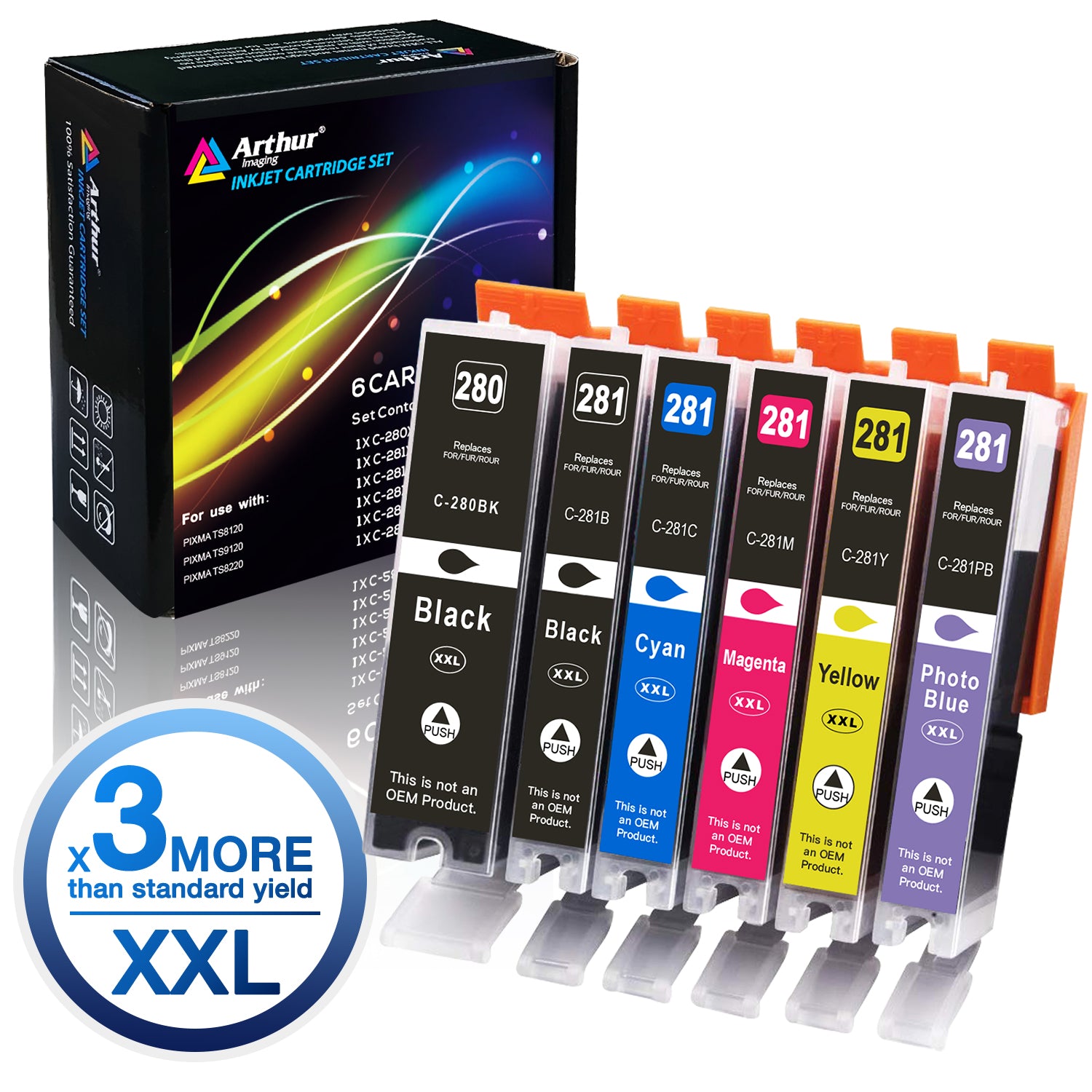 Arthur Imaging Compatible Ink Cartridge Replacement for PGI280XXL CLI281XXL (1 Large Black, 1 Small Black, 1 Cyan, 1 Yellow, 1 Magenta, 1 Photo blue, 6-Pack)
