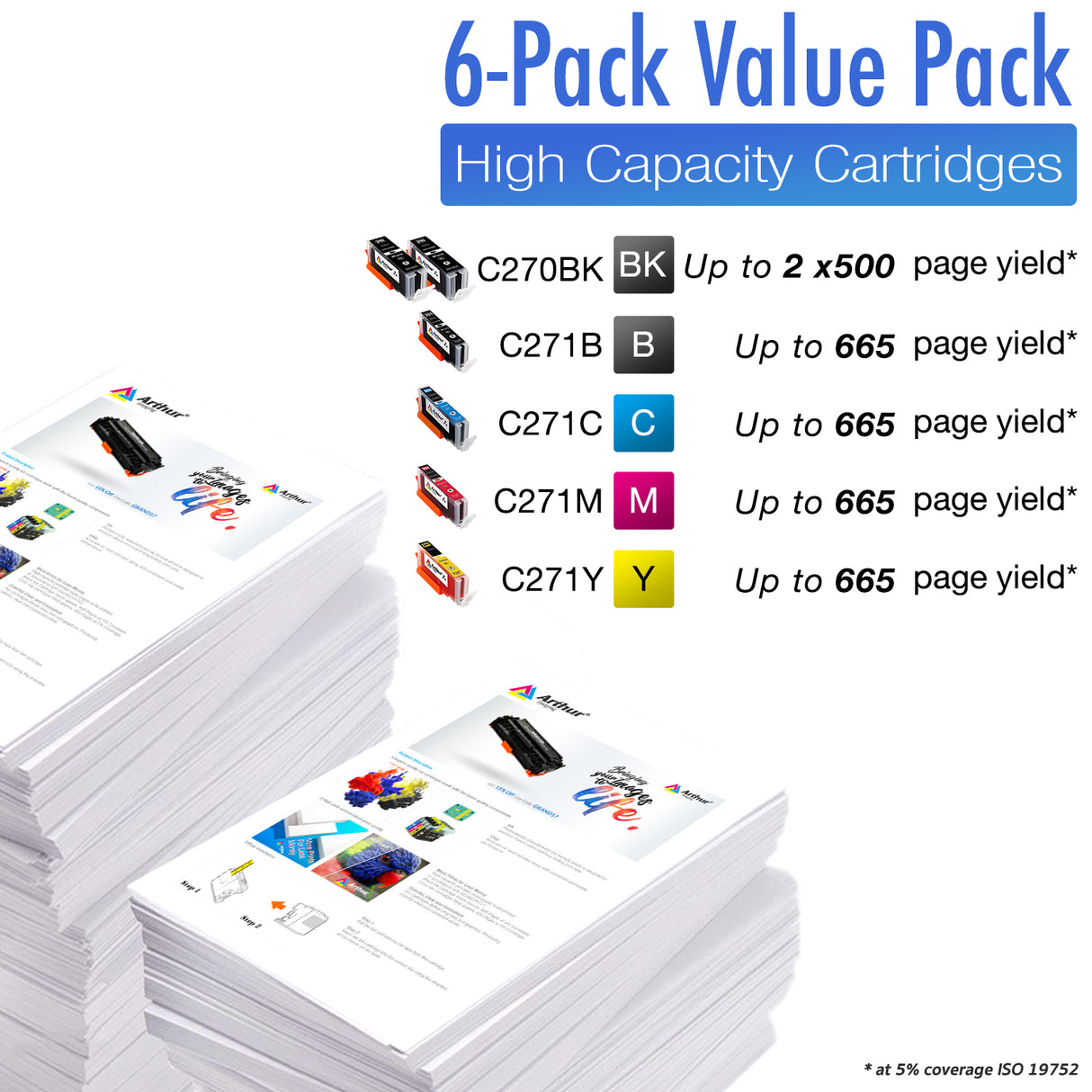 Arthur Imaging Compatible Ink Cartridge Replacement for 270XL 271XL (2 Large Black, 1 Small Black, 1 Cyan, 1 Yellow, 1 Magenta, 6-Pack)
